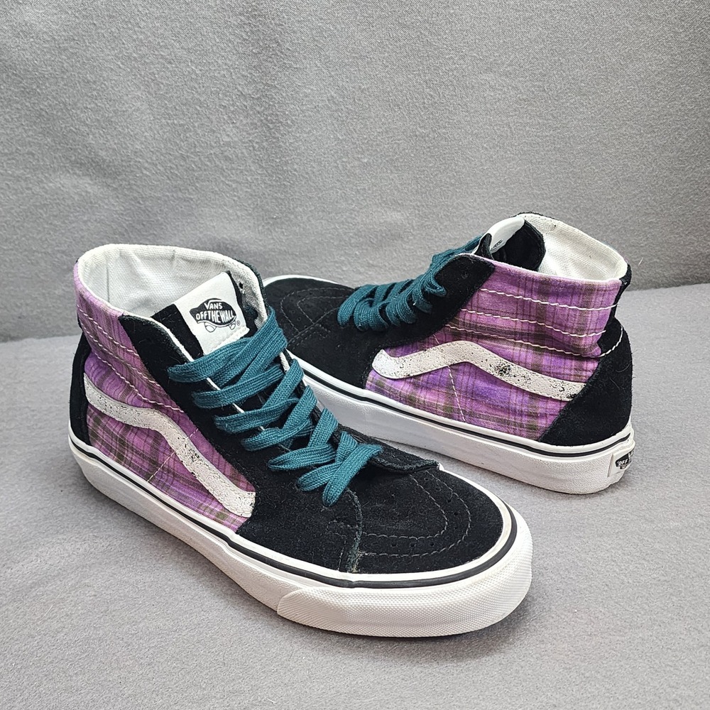 Vans Sk8 Hi Plaid High Top Sneakers Black Suede Purple Green Women's Sz 6.5‎